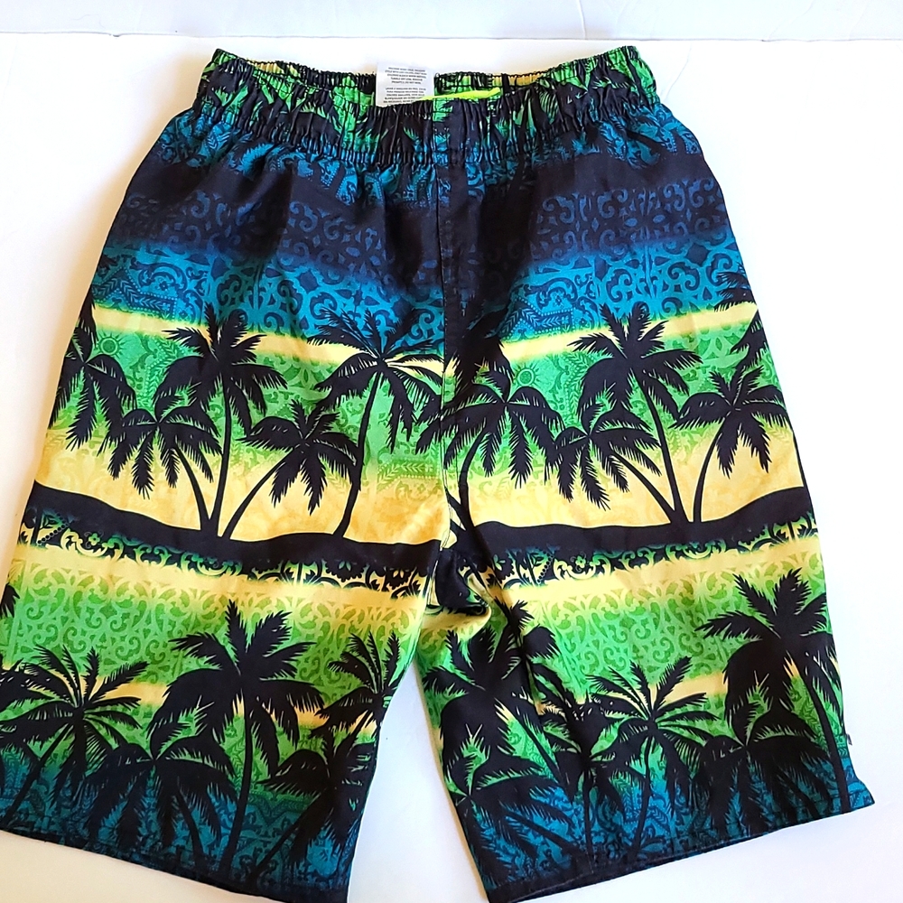Laguna M 10/12 yellow grown blue black palm tree lined adjustable waist trunks